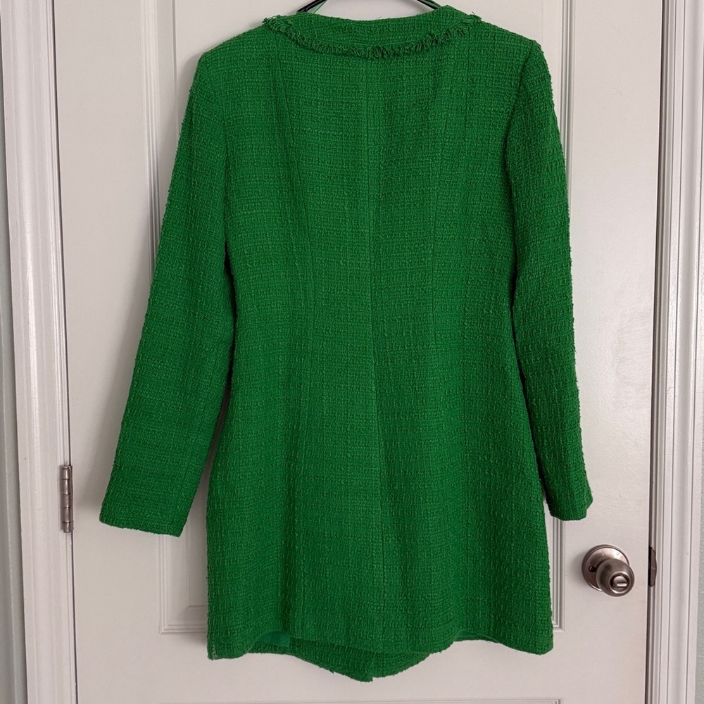 Zara Tweed Boucle squared neck long sleeves Jewel Buttons Green Dress Sz Large - Picture 7 of 15